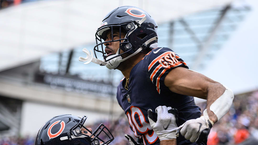 Sep 11, 2022; Chicago, Illinois, USA; Chicago Bears wide receiver Equanimeous St. Brown (19) celebrates his touchdown reception in the fourth quarter against the San Francisco 49ers at Soldier Field. Mandatory Credit: Daniel Bartel-Imagn Images