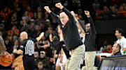 Jan 16, 2025; Corvallis, Oregon, USA; Oregon State Beavers head coach Wayne Tinkle calls a defense to his team during the first half against the Gonzaga Bulldogs at Gill Coliseum. Mandatory Credit: Craig Strobeck-Imagn Images