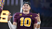 Arizona State Sun Devils quarterback Sam Leavitt (10) celebrates after the Sun Devils beat the Iowa State Cyclones to win the 2024 Big 12 Championship.