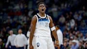 Jan 7, 2025; New Orleans, Louisiana, USA; Minnesota Timberwolves guard Anthony Edwards (5) celebrates a three-point basket against the New Orleans Pelicans during the first half at Smoothie King Center. Mandatory Credit: Matthew Hinton-Imagn Images