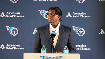 Apr 25, 2025; Nashville, TN, USA;  Tennessee Titans first round pick Cameron Ward during a press conference. Mandatory Credit: Steve Roberts-Imagn Images