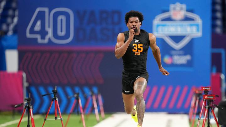 Feb 28, 2026; Indianapolis, IN, USA; Mississippi wideout De'Zhaun Stribling (WO35) during the NFL Scouting Combine at Lucas Oil Stadium. Mandatory Credit: Kirby Lee-Imagn Images