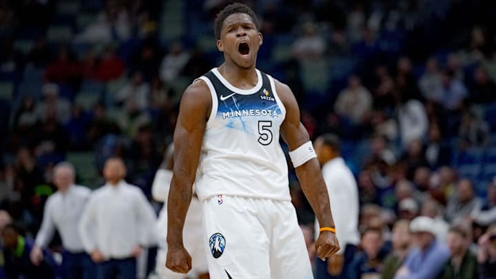 Minnesota Timberwolves guard Anthony Edwards celebrates a 3-pointer against the New Orleans Pelicans during the first half at Smoothie King Center in New Orleans on Jan. 7, 2025. Minnesota Timberwolves guard Anthony Edwards celebrates a 3-pointer against the New Orleans Pelicans during the first half at Smoothie King Center in New Orleans on Jan. 7, 2025.