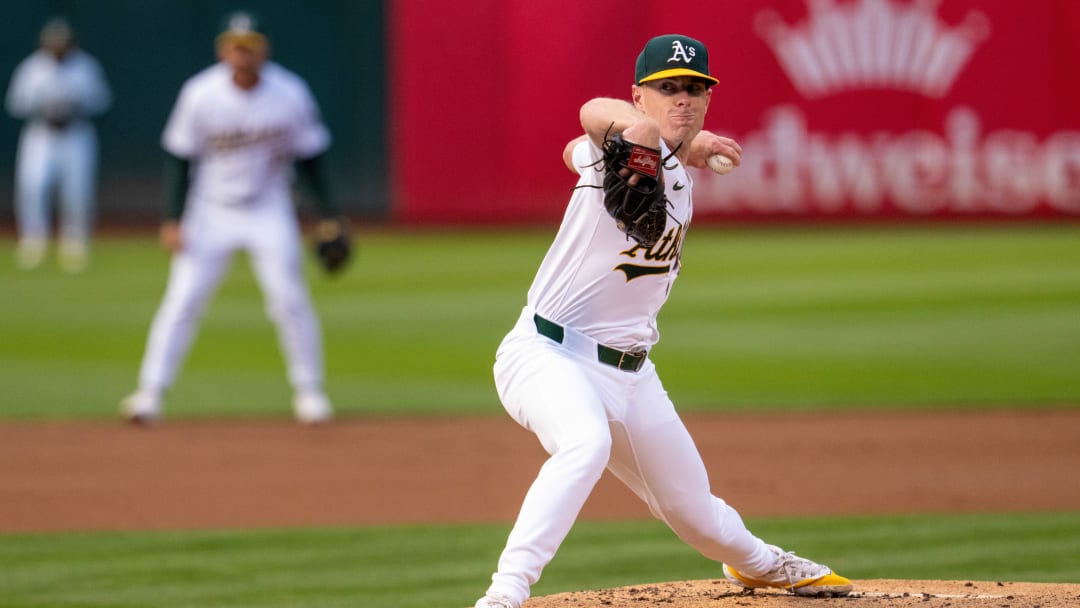 Aug 5, 2024; Oakland, California, USA;  Oakland Athletics starting pitcher JP Sears (38) delivers a pitch against the Chicago White Sox during the first inning at Oakland-Alameda County Coliseum. Mandatory Credit: Neville E. Guard-USA TODAY Sports