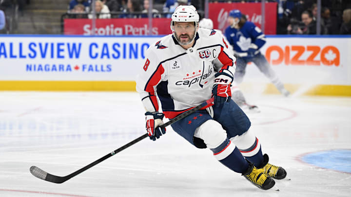 Dec 28, 2024; Toronto, Ontario, CAN; Washington Capitals forward Alex Ovechkin (8) pursues the play against the Toronto Maple Leafs in the first period at Scotiabank Arena. Mandatory Credit: Dan Hamilton-Imagn Images