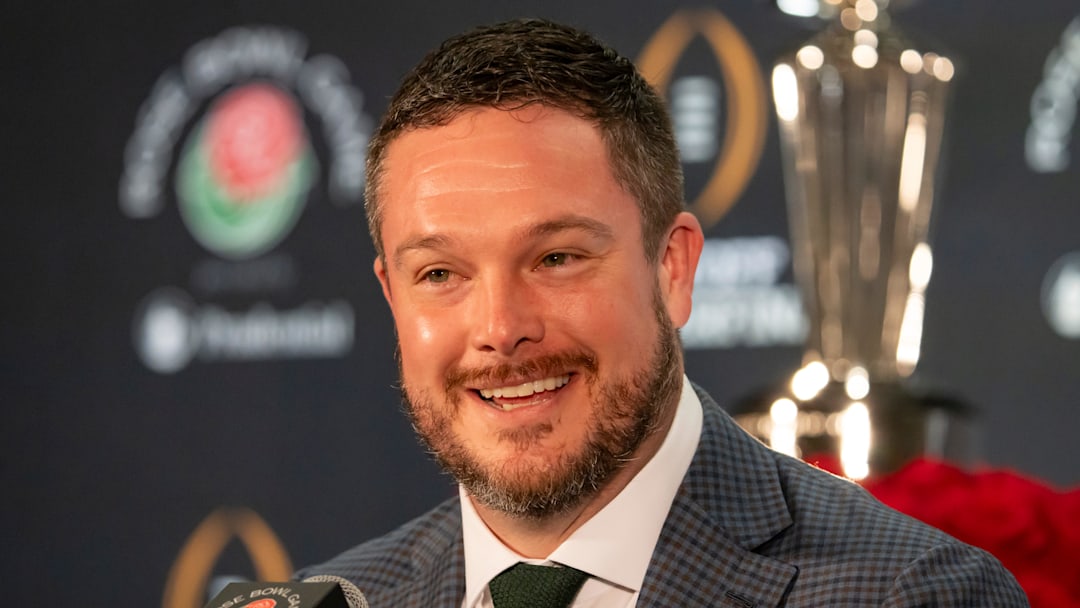Oregon head coach Dan Lanning speaks during the coaches press conference in Los Angeles Tuesday, Dec. 31, 2024, ahead of the Rose Bowl.