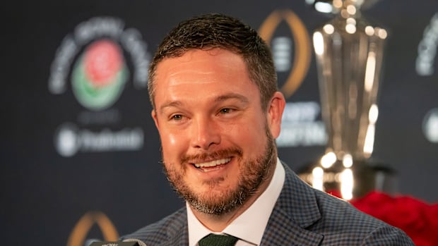 Oregon head coach Dan Lanning speaks during the coaches press conference in Los Angeles Tuesday, Dec. 31, 2024, ahead of the 