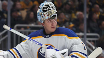 Nov 26, 2025; Pittsburgh, Pennsylvania, USA; Buffalo Sabres goaltender Ukko-Pekka Luukkonen (1) looks on against the Pittsburgh Penguins during the third period at PPG Paints Arena. Mandatory Credit: Charles LeClaire-Imagn Images