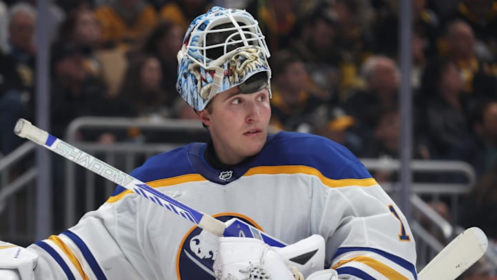 Nov 26, 2025; Pittsburgh, Pennsylvania, USA; Buffalo Sabres goaltender Ukko-Pekka Luukkonen (1) looks on against the Pittsburgh Penguins during the third period at PPG Paints Arena. Mandatory Credit: Charles LeClaire-Imagn Images