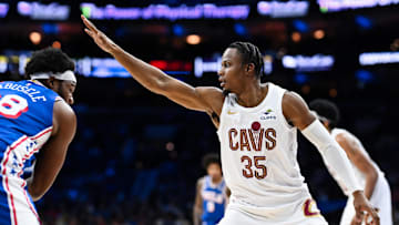 Nov 13, 2024; Philadelphia, Pennsylvania, USA; Cleveland Cavaliers forward Isaac Okoro (35) defends Philadelphia 76ers forward Guerschon Yabusele (28) in the second quarter at Wells Fargo Center. Mandatory Credit: Kyle Ross-Imagn Images