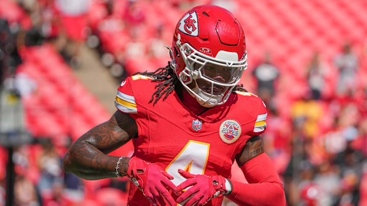 Sep 15, 2024; Kansas City, Missouri, USA; Kansas City Chiefs wide receiver Rashee Rice (4) warms up against the Cincinnati Bengals prior to a game at GEHA Field at Arrowhead Stadium. Mandatory Credit: Denny Medley-Imagn Images