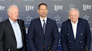 Jan 27, 2025; Frisco, TX, USA;   (L to R) Dallas Cowboys CEO Stephen Jones,head coach Brian Schottenheimer and owner Jerry Jones pose for pictures after a press conference at the Star.  Mandatory Credit: Tim Heitman-Imagn Images