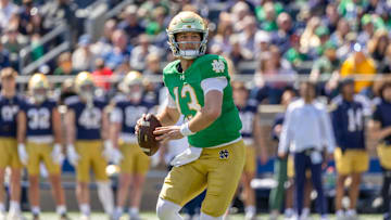 Apr 12, 2025; Notre Dame, IN, USA; Notre Dame Fighting Irish quarterback CJ Carr (13) throws a pass during the Blue-Gold game at Notre Dame Stadium. Mandatory Credit: Michael Caterina-Imagn Images