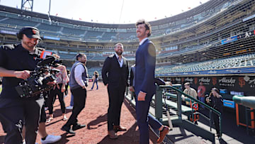 Jul 26, 2023; San Francisco, California, USA; San Francisco Giants 2023 first round draft pick Bryce Eldridge walks on to the field before the game against the Oakland Athletics at Oracle Park. Mandatory Credit: Sergio Estrada-Imagn Images