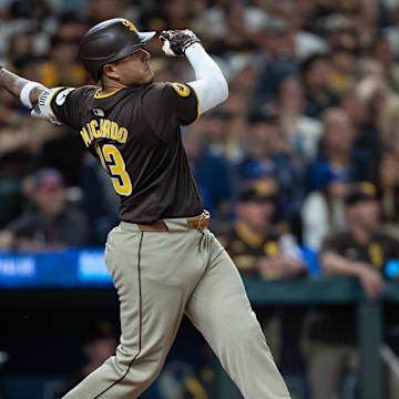 San Diego Padres third baseman Manny Machado (13) hits a two-run home run during the sixth inning against the Seattle Mariners at T-Mobile Park on Sept 10.