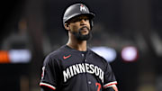 Sep 24, 2025; Arlington, Texas, USA; Minnesota Twins designated hitter Byron Buxton (25) looks on during the sixth inning against the Texas Rangers at Globe Life Field. Mandatory Credit: Jerome Miron-Imagn Images