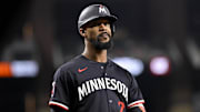 Sep 24, 2025; Arlington, Texas, USA; Minnesota Twins designated hitter Byron Buxton (25) looks on during the sixth inning against the Texas Rangers at Globe Life Field. Mandatory Credit: Jerome Miron-Imagn Images