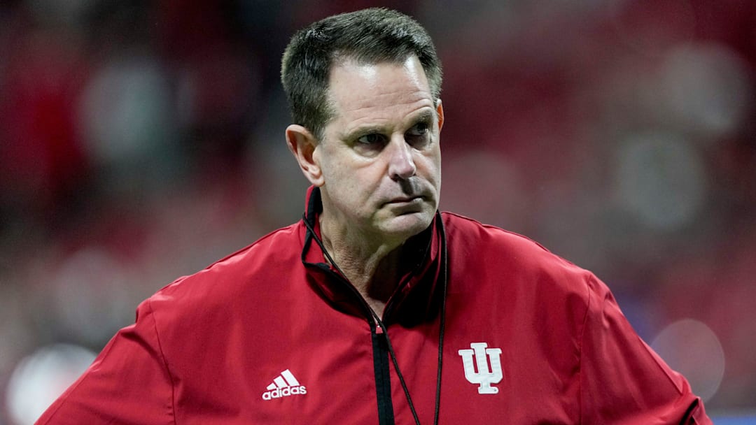 Indiana Hoosiers head coach Curt Cignetti walks the field Friday, Jan. 9, 2026, ahead of the Peach Bowl and semifinal game of the College Football Playoff against the Oregon Ducks at Mercedes-Benz Stadium in Atlanta.
