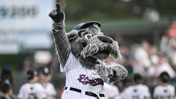 Jun 4, 2024; Bridgewater, NJ, USA; The Somerset Patriots mascot pumps up the crowd before a game against the Hartford Yard Goats at TD Bank Ballpark. Mandatory Credit: John Jones-Imagn Images