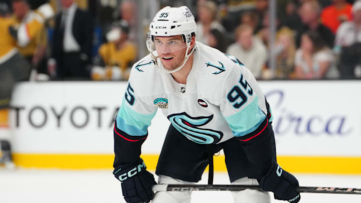 Seattle Kraken left wing Andre Burakovsky awaits a face off against the Vegas Golden Knights.