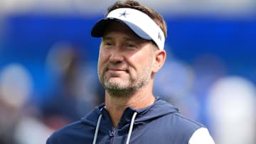 Aug 9, 2025; Inglewood, California, USA; Dallas Cowboys coach Brian Schottenheimer reacts during the game against the Los Angeles Rams at SoFi Stadium. Mandatory Credit: Kirby Lee-Imagn Images
