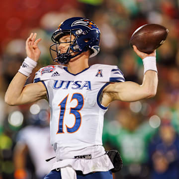 Dec 19, 2023; Frisco, TX, USA; UTSA Roadrunners quarterback Owen McCown (13) drops back to pass during the first quarter against the Marshall Thundering Herd at Toyota Stadium. Mandatory Credit: Andrew Dieb-Imagn Images