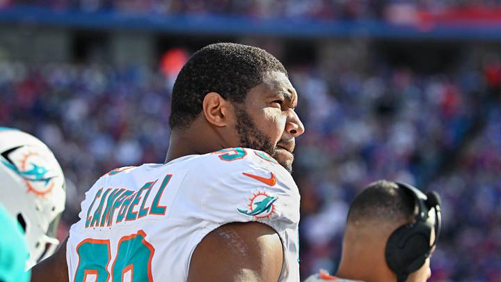 Nov 3, 2024; Orchard Park, New York, USA; Miami Dolphins defensive tackle Calais Campbell (93) on the sideline in a game against the Buffalo Bills at Highmark Stadium. Mandatory Credit: Mark Konezny-Imagn Images