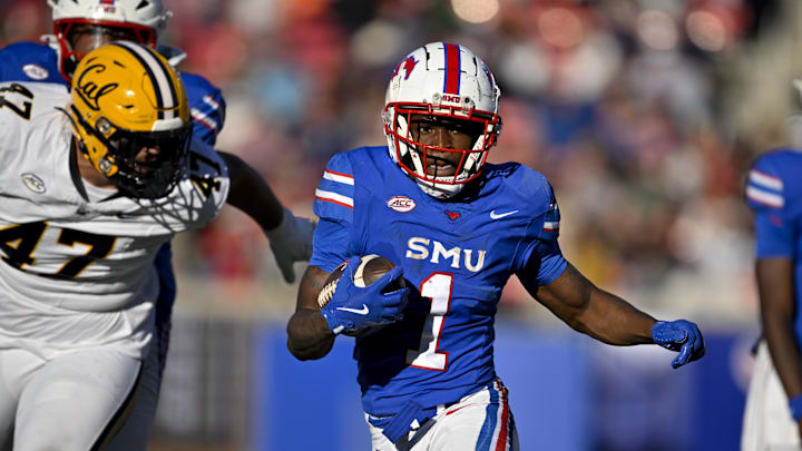 Nov 30, 2024; Dallas, Texas, USA; Southern Methodist Mustangs running back Brashard Smith (1) in action during the game between the SMU Mustangs and the California Golden Bears at Gerald J. Ford Stadium. Mandatory Credit: Jerome Miron-Imagn Images