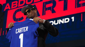 Apr 24, 2025; Green Bay, WI, USA; Penn State Nittany Lions defensive end Abdul Carter is selected by the New York Giants as the number three pick in the first round of the 2025 NFL Draft at Lambeau Field. Mandatory Credit: Kirby Lee-Imagn Images