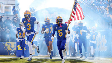 Nov 29, 2025; Pittsburgh, Pennsylvania, USA;  Pittsburgh Panthers linebacker Rasheem Biles (3) and wide receiver Raphael Williams Jr. (5) lead the team onto the field to play the Miami Hurricanes at Acrisure Stadium. Mandatory Credit: Charles LeClaire-Imagn Images