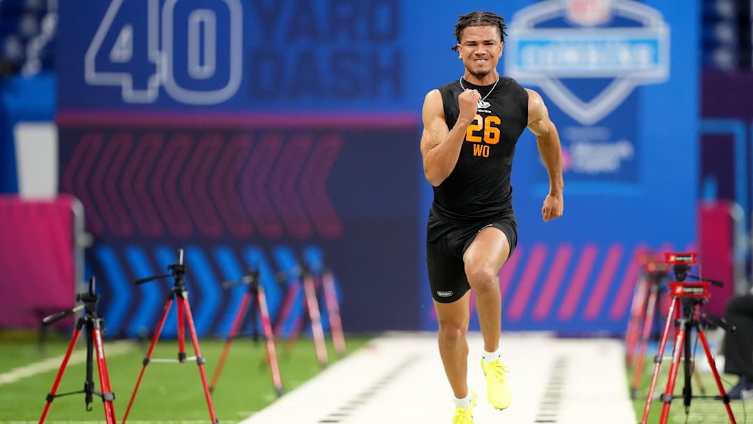 Feb 28, 2026; Indianapolis, IN, USA; North Dakota State wideout Bryce Lance (WO26) during the NFL Scouting Combine at Lucas Oil Stadium. Mandatory Credit: Kirby Lee-Imagn Images