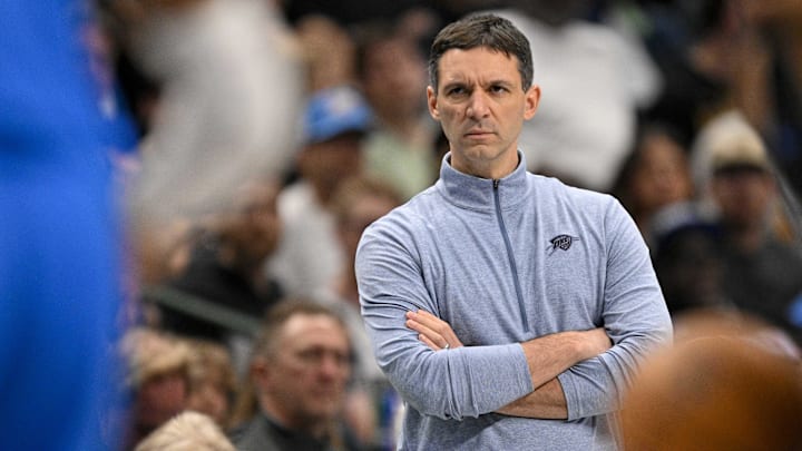 Mar 1, 2026; Dallas, Texas, USA; Oklahoma City Thunder head coach Mark Daigneault looks on during the game between the Mavericks and the Thunder at American Airlines Center. Mandatory Credit: Jerome Miron-Imagn Images