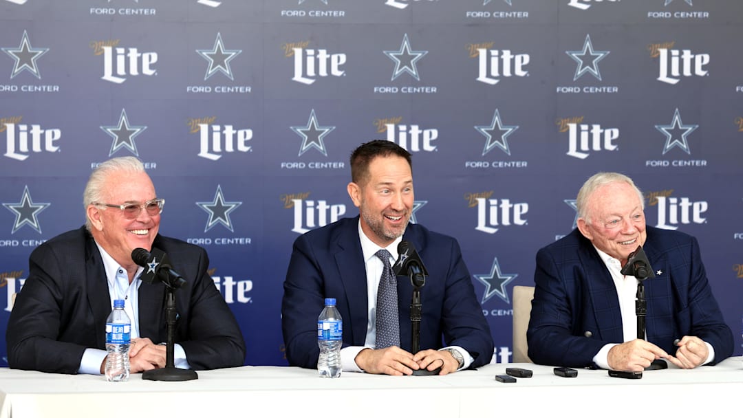 Jan 27, 2025; Frisco, TX, USA;   (L to R) Dallas Cowboys CEO Stephen Jones, head coach Brian Schottenheimer and owner Jerry Jones speak to the media at a press conference at the Star.  Mandatory Credit: Tim Heitman-Imagn Images
