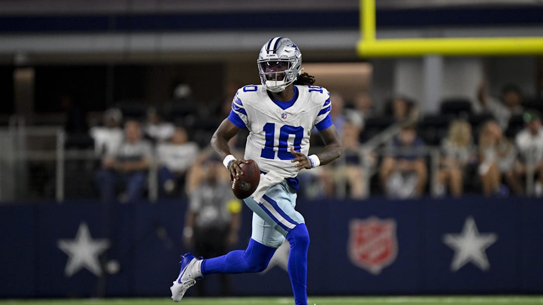 Aug 16, 2025; Arlington, Texas, USA; Dallas Cowboys quarterback Joe Milton III (10) runs with the ball during the second half against the Baltimore Ravens at AT&T Stadium. Mandatory Credit: Jerome Miron-Imagn Images