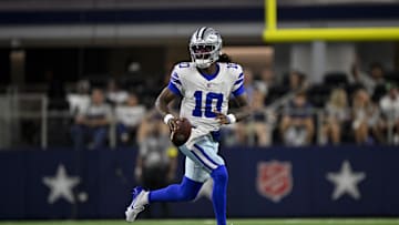 Aug 16, 2025; Arlington, Texas, USA; Dallas Cowboys quarterback Joe Milton III (10) runs with the ball during the second half against the Baltimore Ravens at AT&T Stadium. Mandatory Credit: Jerome Miron-Imagn Images