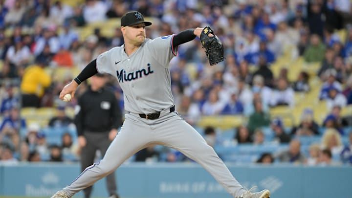Apr 28, 2026; Los Angeles, California, USA; Miami Marlins pitcher Janson Junk (26) throws a pitch against the Los Angeles Dodgers during the first inning at Dodger Stadium. Mandatory Credit: Jayne Kamin-Oncea-Imagn Images
