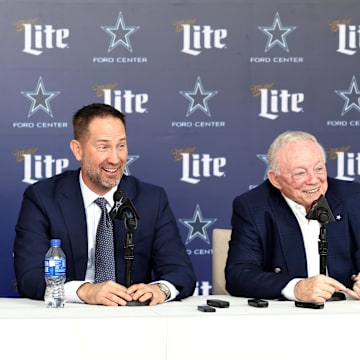Dallas Cowboys CEO Stephen Jones, head coach Brian Schottenheimer and owner Jerry Jones speak to the media.