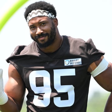 Aug 4, 2024; Cleveland Browns defensive end Myles Garrett (95) during practice at the Browns training facility in Berea, Ohio.