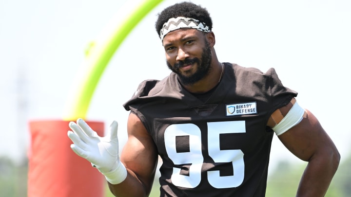 Aug 4, 2024; Cleveland Browns defensive end Myles Garrett (95) during practice at the Browns training facility in Berea, Ohio.