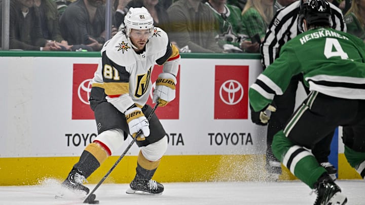 Apr 22, 2024; Dallas, Texas, USA; Vegas Golden Knights right wing Jonathan Marchessault (81) skates against the Dallas Stars during the first period in game one of the first round of the 2024 Stanley Cup Playoffs at the American Airlines Center. Mandatory Credit: Jerome Miron-Imagn Images