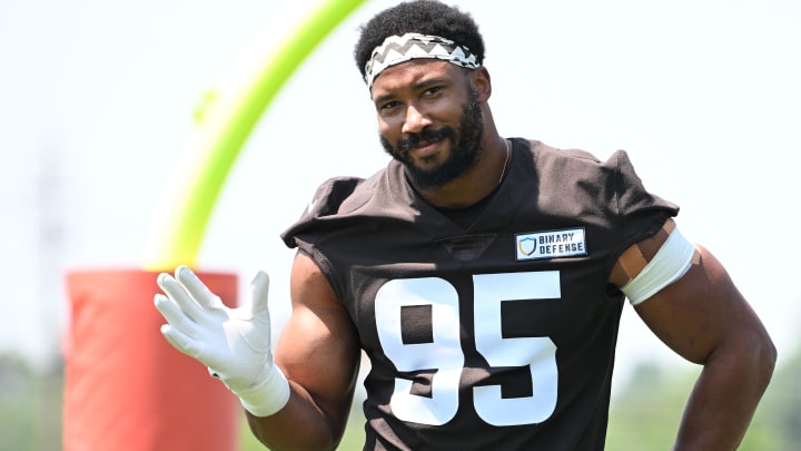 Aug 4, 2024; Cleveland Browns defensive end Myles Garrett (95) during practice at the Browns training facility in Berea, Ohio.