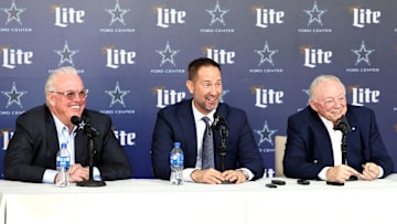 Jan 27, 2025; Frisco, TX, USA;   (L to R) Dallas Cowboys CEO Stephen Jones, head coach Brian Schottenheimer and owner Jerry Jones speak to the media at a press conference at the Star.  Mandatory Credit: Tim Heitman-Imagn Images