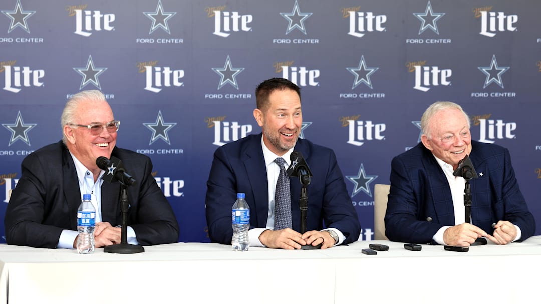 Jan 27, 2025; Frisco, TX, USA;   (L to R) Dallas Cowboys CEO Stephen Jones, head coach Brian Schottenheimer and owner Jerry Jones speak to the media at a press conference at the Star.  Mandatory Credit: Tim Heitman-Imagn Images