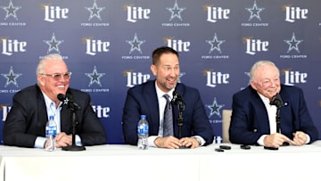Jan 27, 2025; Frisco, TX, USA;   (L to R) Dallas Cowboys CEO Stephen Jones, head coach Brian Schottenheimer and owner Jerry Jones speak to the media at a press conference at the Star.  Mandatory Credit: Tim Heitman-Imagn Images