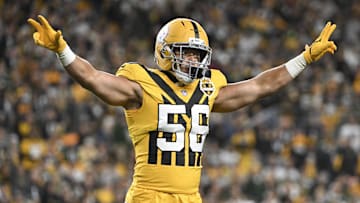 Oct 26, 2025; Pittsburgh, Pennsylvania, USA; Pittsburgh Steelers linebacker Alex Highsmith (56) celebrates a stop on third down against the Green Bay Packers during the second quarter at Acrisure Stadium. Mandatory Credit: Barry Reeger-Imagn Images