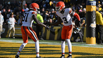 Dec 8, 2024; Pittsburgh, Pennsylvania, USA; Cleveland Browns wide receiver Jerry Jeudy (3) celebrates a 35-yard touchdown pass with Michael Woods II (81) against the Pittsburgh Steelers during the first quarter at Acrisure Stadium. Mandatory Credit: Barry Reeger-Imagn Images