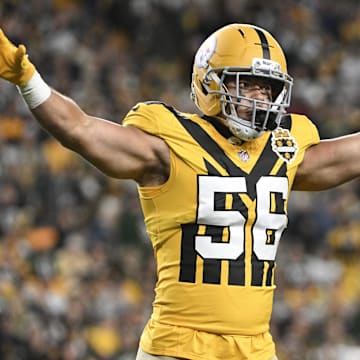 Oct 26, 2025; Pittsburgh, Pennsylvania, USA; Pittsburgh Steelers linebacker Alex Highsmith (56) celebrates a stop on third down against the Green Bay Packers during the second quarter at Acrisure Stadium. Mandatory Credit: Barry Reeger-Imagn Images