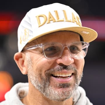 Oct 6, 2025; Fort Worth, Texas, USA; Dallas Mavericks head coach Jason Kidd (left) looks on before the game against the Oklahoma City Thunder at Dickie's Arena. Mandatory Credit: Jerome Miron-Imagn Images