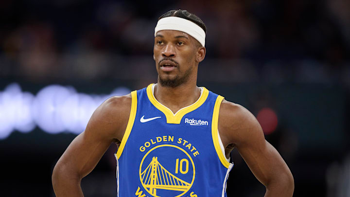 Jan 7, 2026; San Francisco, California, USA; Golden State Warriors forward Jimmy Butler III (10) loos on against the Milwaukee Bucks during the third quarter at Chase Center. Mandatory Credit: Robert Edwards-Imagn Images