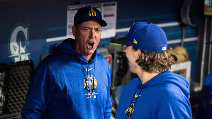 Seattle Mariners manager Dan Wilson, left, yells to starting pitcher Logan Gilbert #36 of the Seattle Mariners in the dugout before a game against the San Francisco Giants at T-Mobile Park on Aug 23.